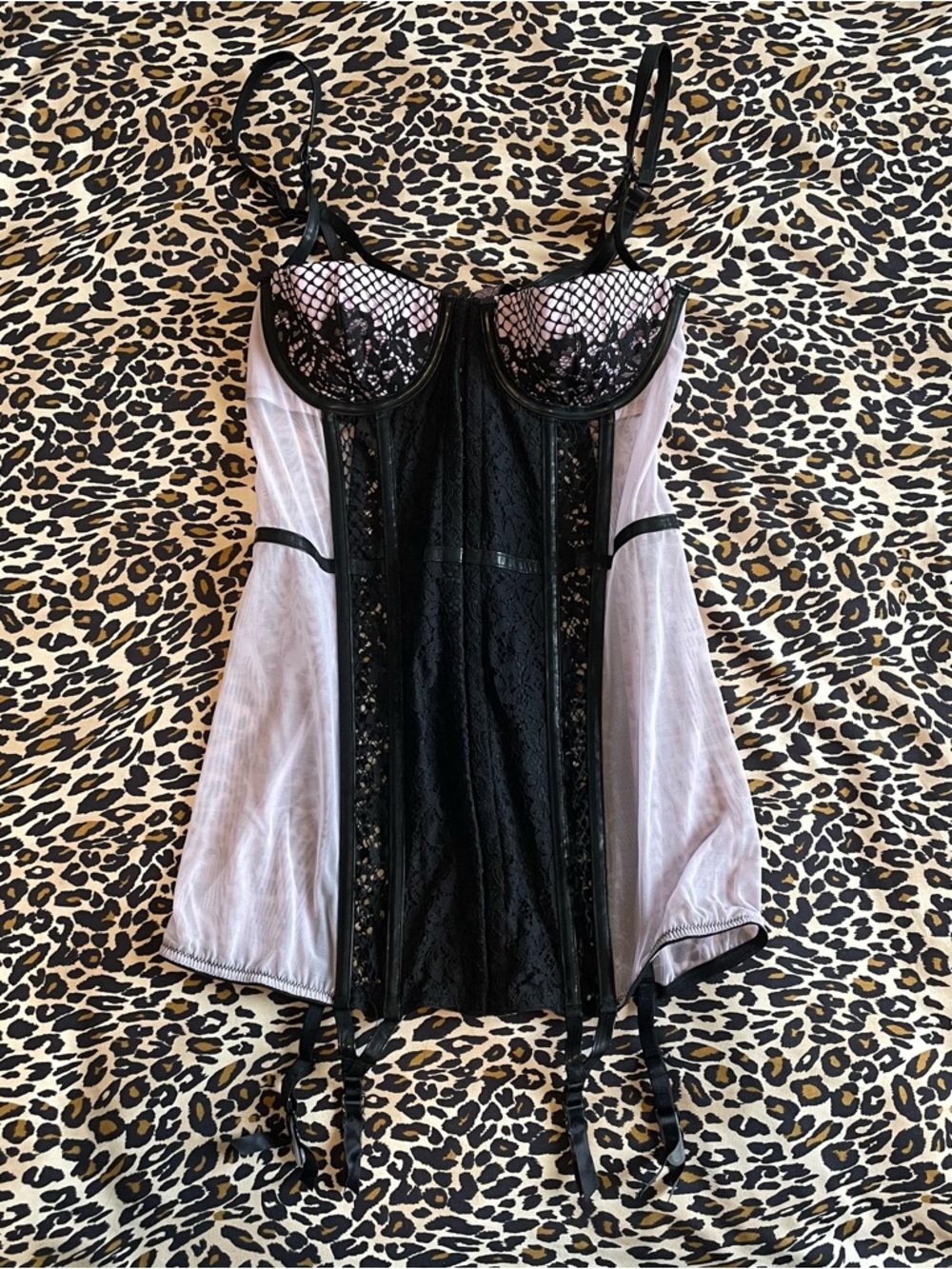 Victoria's Secret Black & Mesh Lace Bustier Chemise with Garter Ties